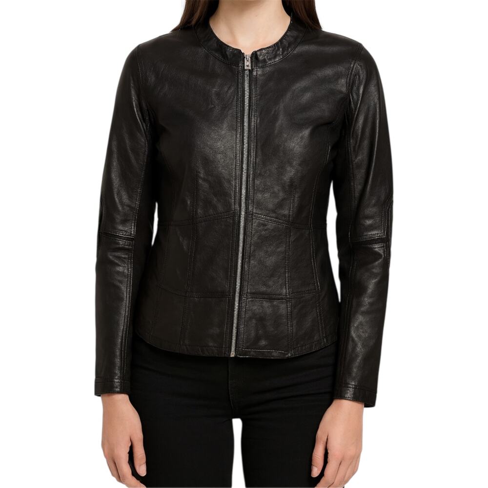 Nygard Collection Moto Leather Jacket Rider Knitted Zip Up High Neck Black 3X